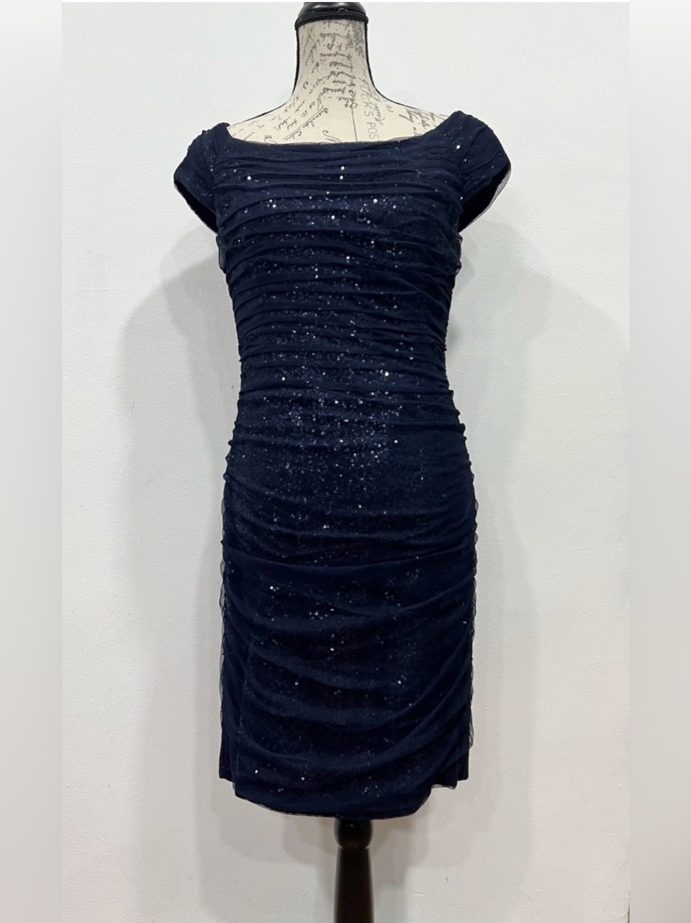 LAUREN Ralph Lauren Evening Sequin Lace Overlay Midnight Blue Dress 12P Nylon